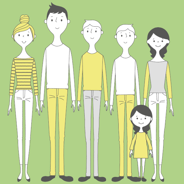 Se puede observar a una familia formada por seis integrantes: una madre, un padre, dos hijos, una nuera y la hija de ambos.
